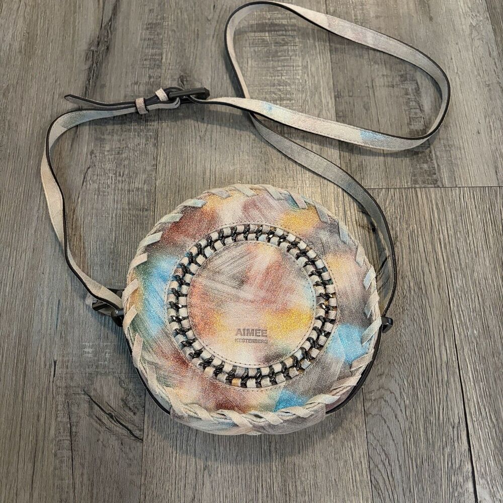 Aimee Kestenberg Womens Bag Round Canteen Gray Denim Leather Crossbody Purse